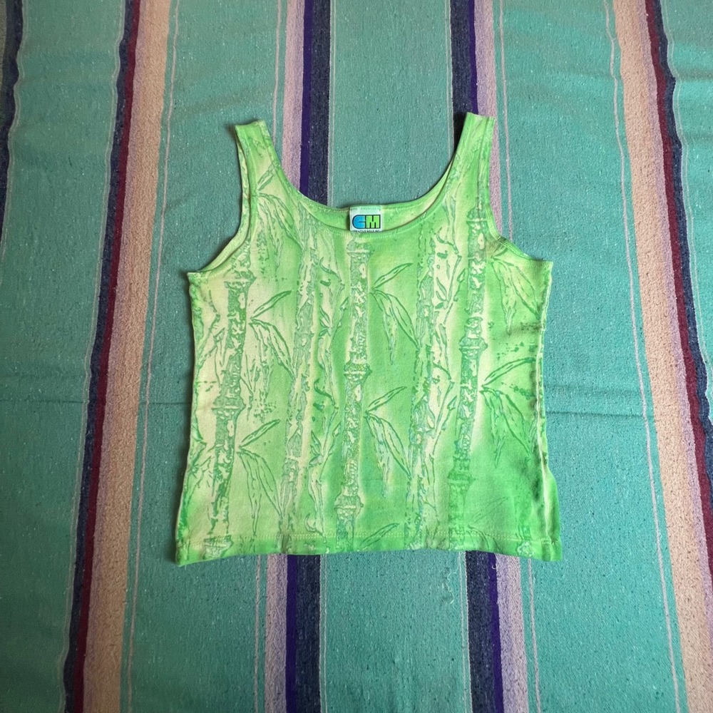 Creative Mills Tank Top Womens Medium Green Bamboo Print 90s Vintage USA Made